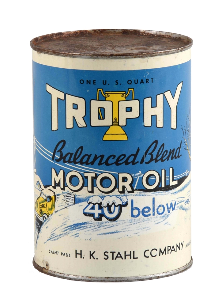 TROPHY MOTOR OIL W/ TRUCK IN SNOW ONE QUART CAN.