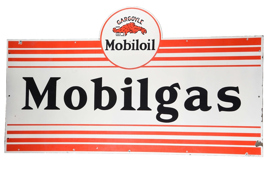 MOBILGAS MOBILOIL W/ GARGOYLE TRANSISSUAL DIECUT PORCELAIN SIGN.