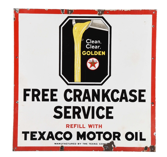TEXACO (BLACK-T) FREE CRANKCASE SERVICE PORCELAIN SIGN.