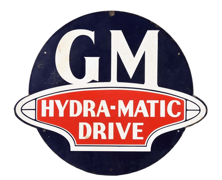 GM HYDRA-MATIC DRIVE DIECUT PORCELAIN SIGN.