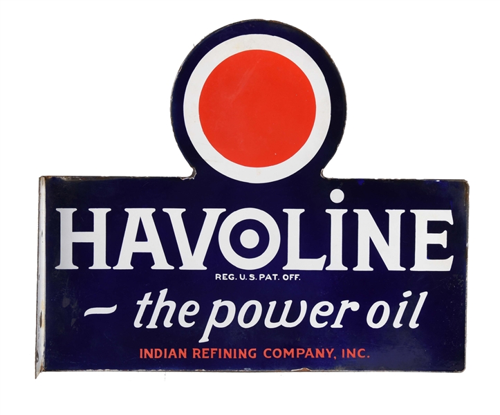 HAVOLINE "THE POWER OIL" PORCELAIN FLANGE SIGN.
