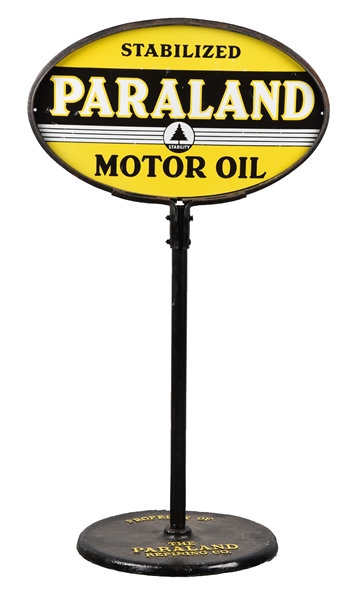 PARALAND STABILIZED MOTOR OIL OVAL PORCELAIN CURB SIGN.