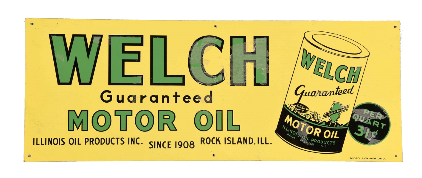 WELCH MOTOR OIL W/ CAN LOGO TIN SIGN.
