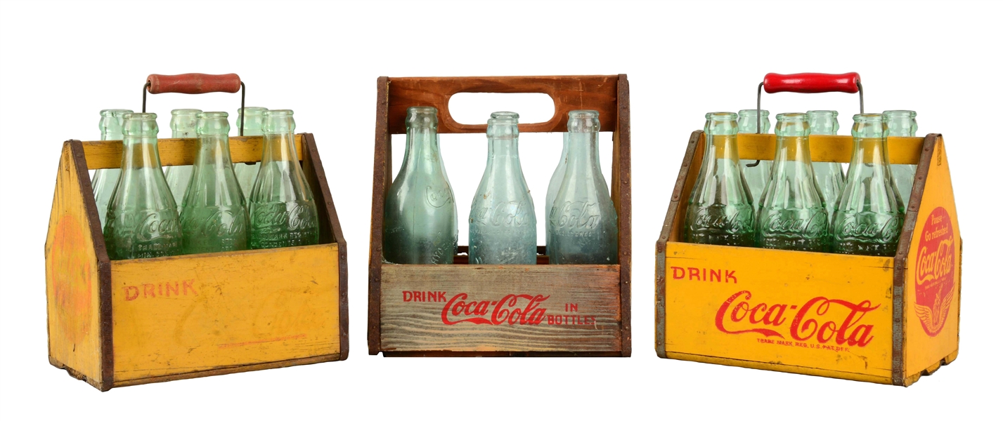 LOT OF 3: WOODEN COCA - COLA 6-PACK BOTTLE CARRIERS WITH BOTTLES.
