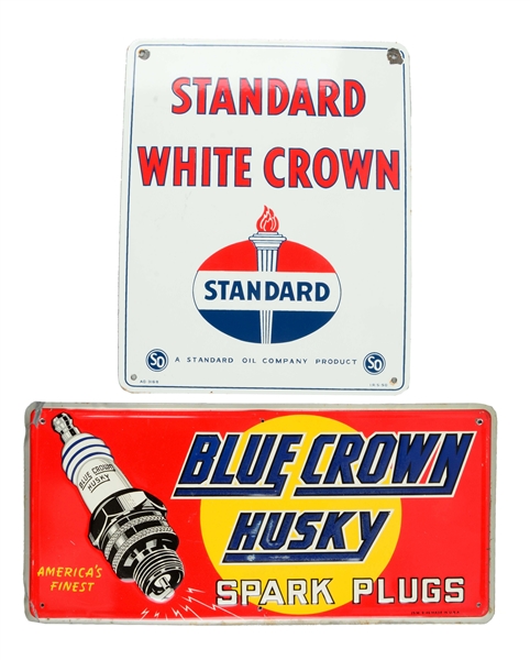 LOT OF 2: STANDARD & BLUE CROWN SPARK PLUGS ADVERTISING SIGNS.