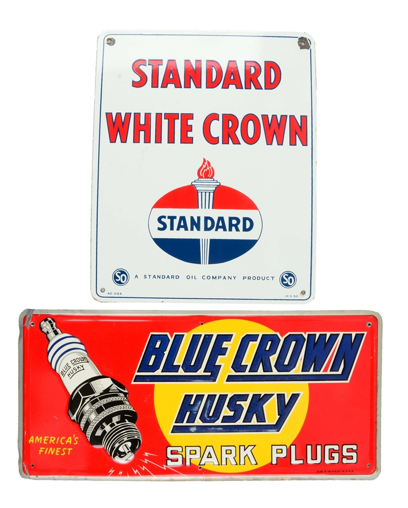 LOT OF 2: STANDARD & BLUE CROWN SPARK PLUGS ADVERTISING SIGNS.