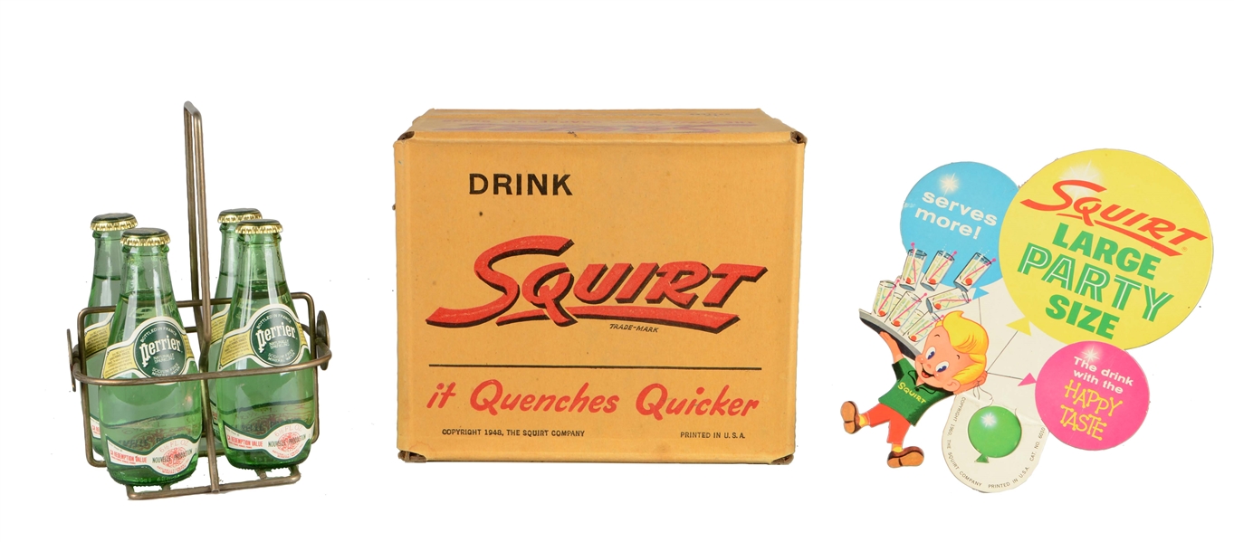 LOT OF 3: SQUIRT AND PERRIER BOTTLES AND SIGNAGE.