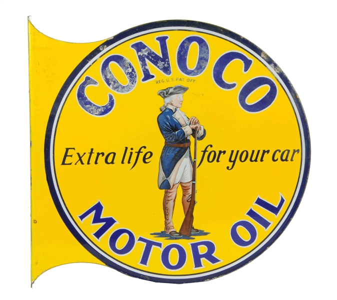 CONOCO MOTOR OIL "EXTRA LIFE FOR YOUR CAR" PORCELAIN FLANGE SIGN.