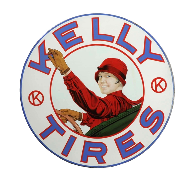 KELLY TIRES W/ LOTTA MILES GRAPHIC PORCELAIN SIGN.