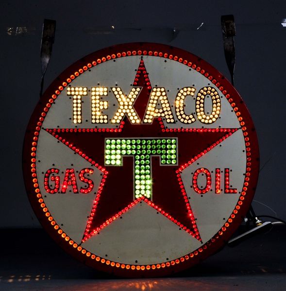 TEXACO GAS & OIL JEWELED LIGHT UP PORCELAIN SIGN. 