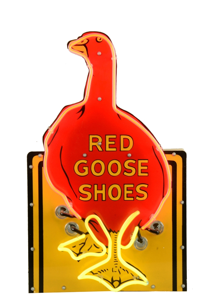 RED GOOSE SHOES NEON PORCELAIN SIGN. 