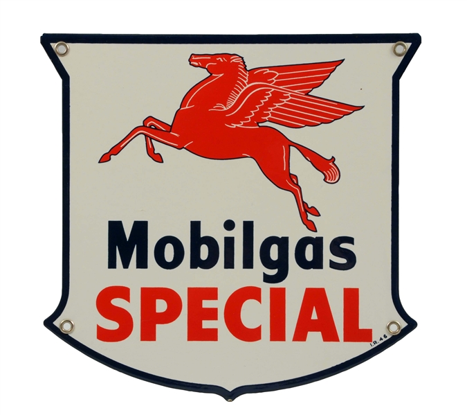 MOBILGAS SPECIAL W/ PEGASUS PORCELAIN SHIELD SHAPED SIGN.