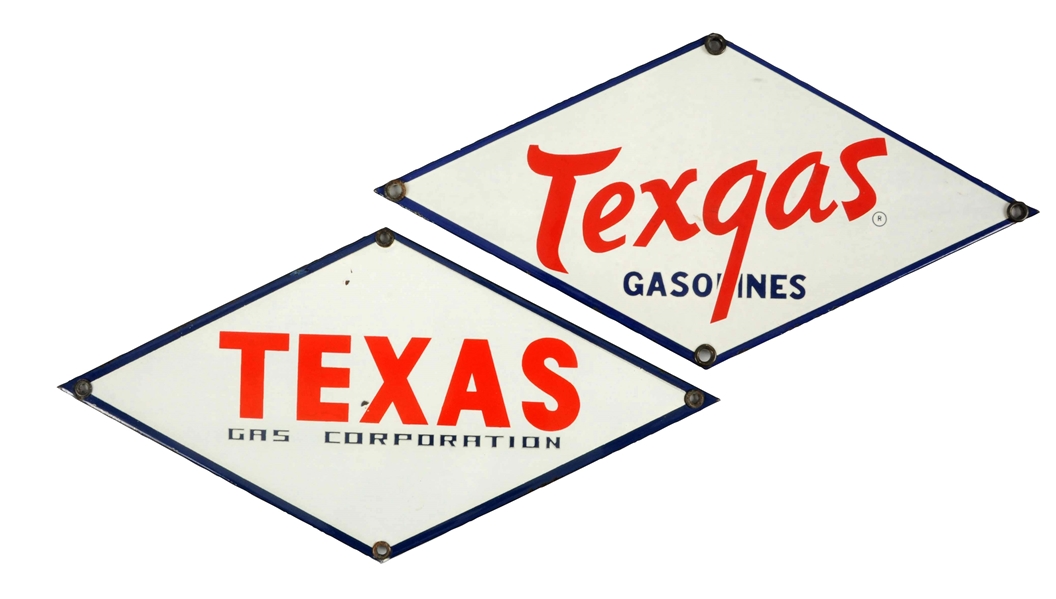 LOT OF 2:  TEXAS GASOLINE & GAS DIECUT PORCELAIN SIGNS.
