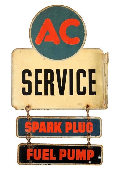 LOT OF 2: AC SERVICE W/SPARK PLUG & FUEL PUMP TIN FLANGE SIGNS.