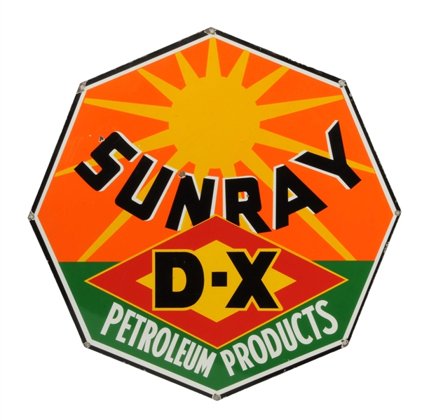 SUNRAY D-X PETROLUEM PRODUCTS DIECUT PORCELAIN SIGN.