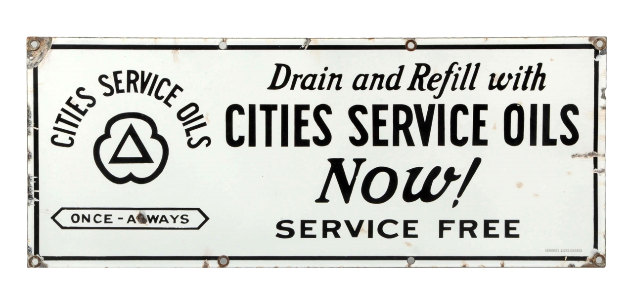 CITIES SERVICE "NOW!" SERVICE FREE PORCELAIN SIGN.