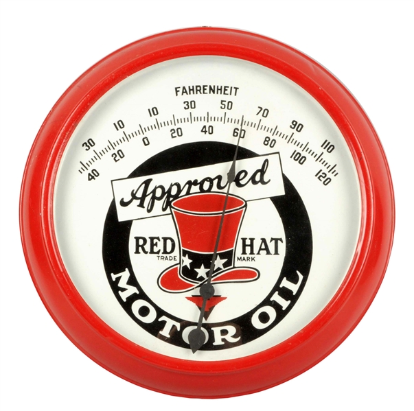 APPROVED RED HAT MOTOR OIL PORCELAIN FACE THERMOMETER.