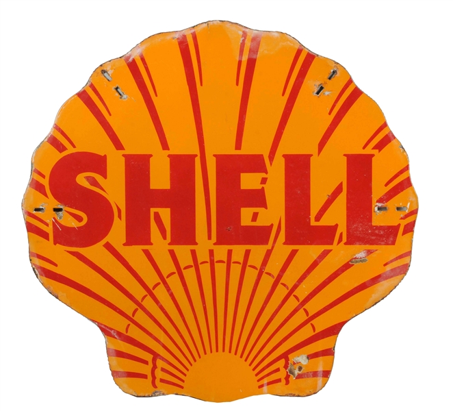 EARLY SHELL SHELL SHAPED PORCELAIN SIGN.