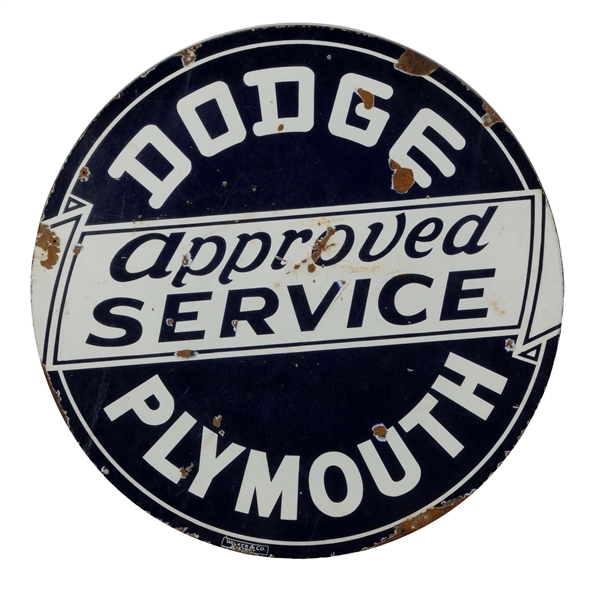 DODGE PLYMOUTH APPROVED SERVICE PORCELAIN SIGN.