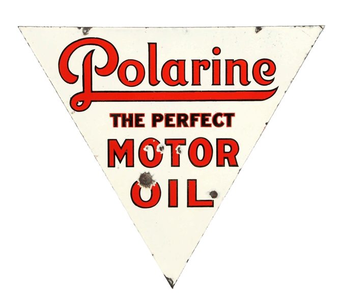 POLARINE "THE PERFECT MOTOR OIL" TRIANGLE SHAPED PORCELAIN SIGN.