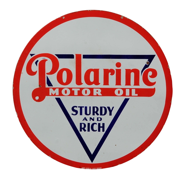 POLARINE MOTOR OIL "STURDY AND RICH" PORCELAIN SIGN.