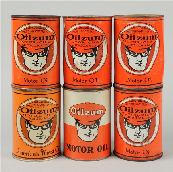 LOT OF 6:  OILZUM MOTOR OIL ONE QUART CANS.