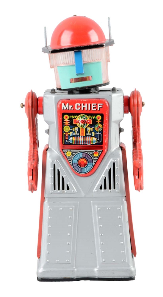 JAPANESE TIN LITHO BATTERY-OPERATED CHIEF SMOKY ROBOT.