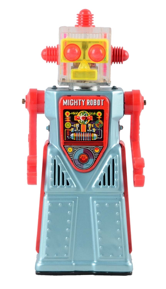 JAPANESE TIN LITHO BATTERY OPERATED MIGHTY ROBOT. 