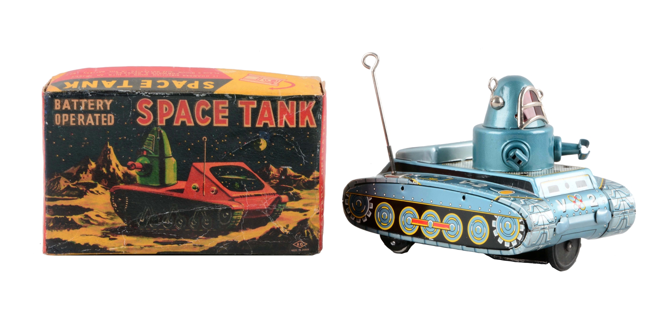 JAPANESE TIN LITHO BATTERY-OPERATED V2 ROBBY SPACE TANK.