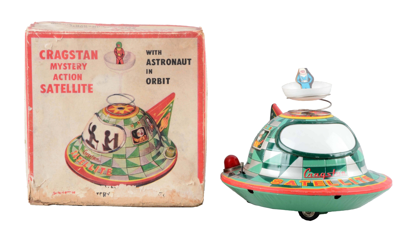 JAPANESE TIN LITHO BATTERY OPERATED MYSTERY ACTION SATELLITE.