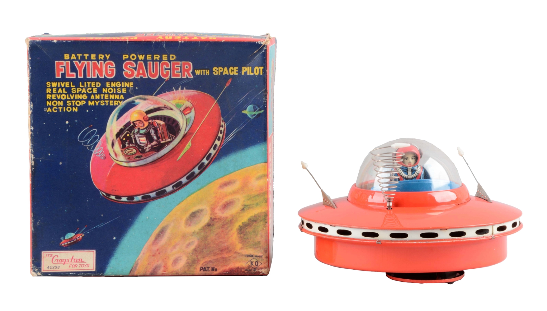 JAPANESE TIN LITHO BATTERY-OPERATED FLYING SAUCER WITH SPACE PILOT TOY.