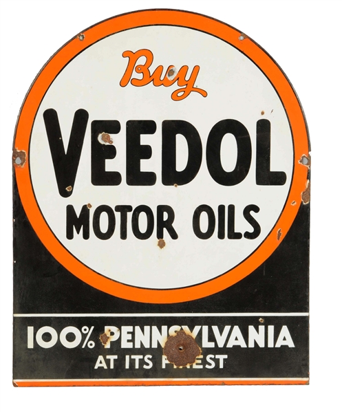 BUY VEEDOL MOTOR OILS TOMBSTONE SHAPED PORCELAIN SIGN.