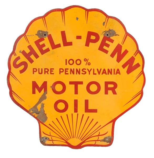 SHELL-PENN MOTOR OIL CLAM SHAPED PORCELAIN SIGN. 