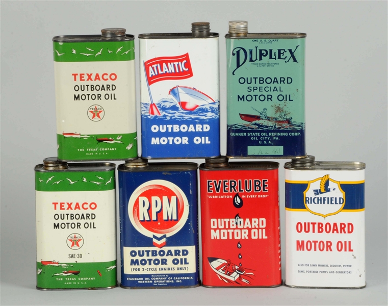 LOT OF 7: FLAT OUTBOARD MOTOR OIL ONE QUART FLAT METAL CANS.