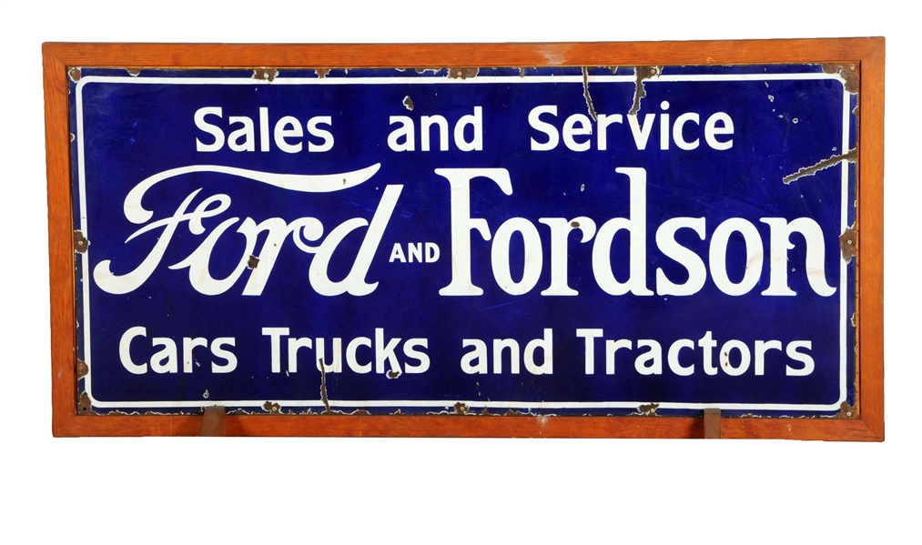 FORD SALES AND SERVICE CARS, TRUCKS AND TRACTORS PORCELAIN SIGN. 