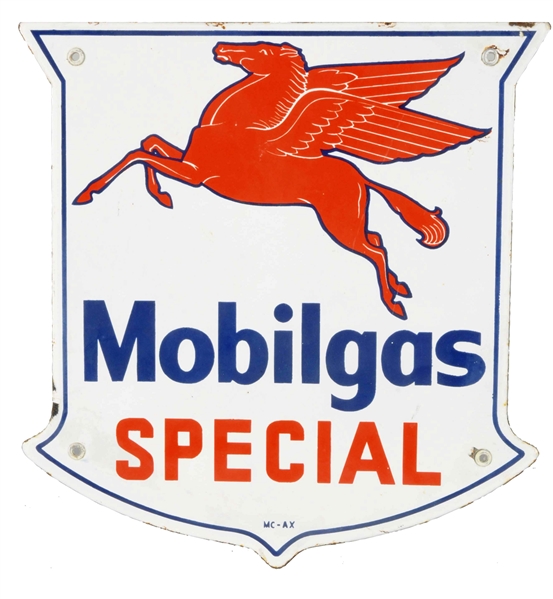 MOBILGAS SPECIAL W/ PEGASUS SHIELD SHAPED PORCELAIN SIGN. 