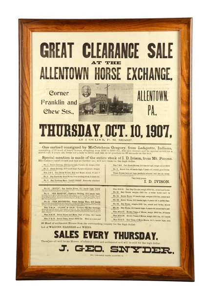 1907 ALLENTOWN HORSE EXCHANGE ADVERTISING BROADSIDE.