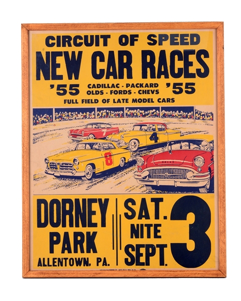 DORNEY PARK CAR RACING CARDBOARD SIGN.