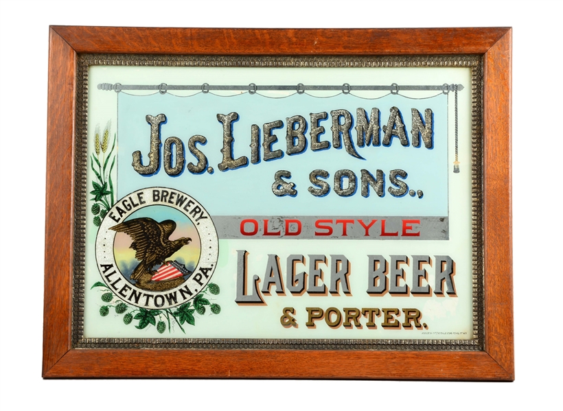 JOSEPH LIEBERMAN LAGER BEER REVERSE GLASS SIGN.