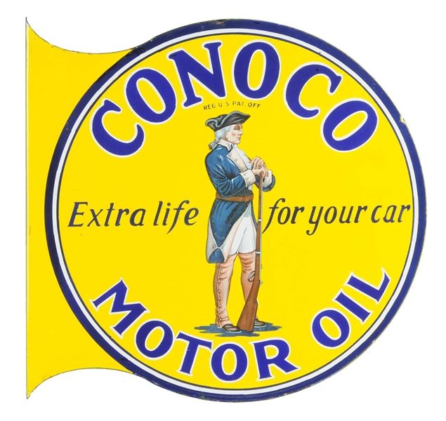 CONOCO MOTOR OIL MINUTEMAN PORCELAIN FLANGE SIGN. 