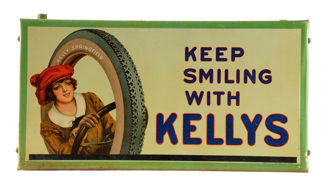 KELLY TIRES W/ LOTTA MILES GRAPHIC TIN LITHO TIRE STAND.