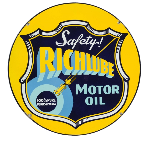 RICHLUBE MOTOR OIL W/ SHIELD & CAR GRAPHIC PORCELAIN SIGN. 