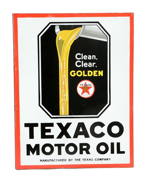 TEXACO (BLACK-T) CLEAN, CLEAR, GOLDEN MOTOR OIL PORCELAIN FLANGE SIGN.