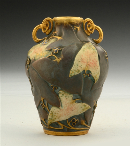PAUL DACHSEL CERAMIC TWO HANDLED CARVED VASE.