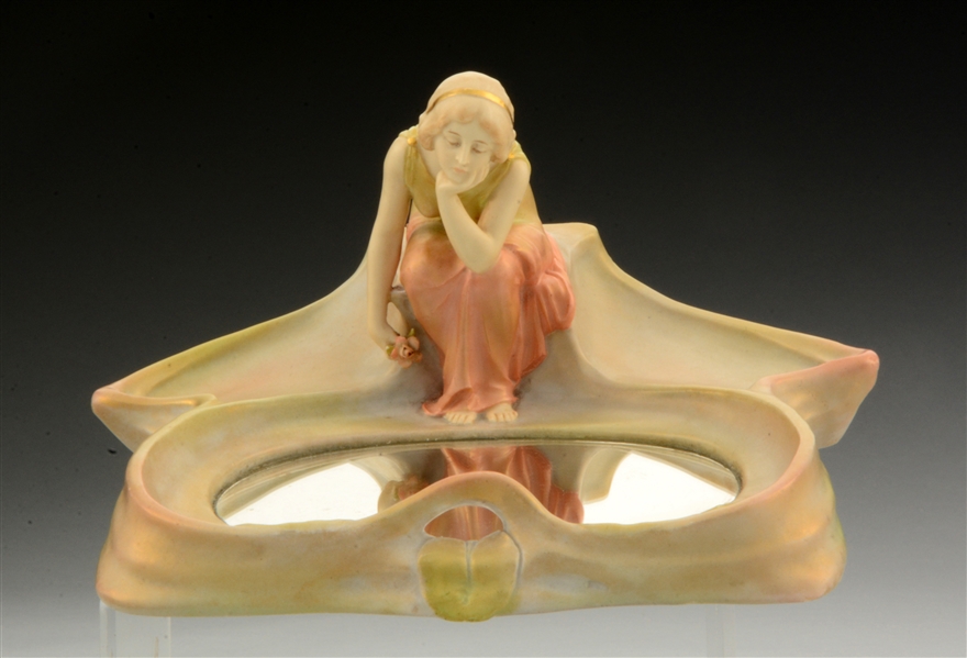 ERNST WAHLISS CERAMIC FIGURAL TRAY OF A WOMAN CONTEMPLATING HER REFLECTION.