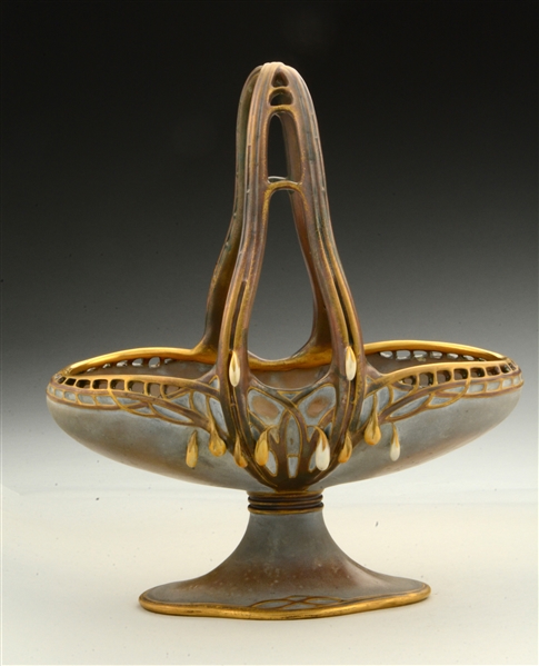 PAUL DACHSEL CERAMIC FOOTED BASKET WITH APPLIED RAINDROPS.