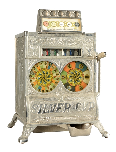 **5¢ CAILLE BROS. SILVER CUP COUNTER TWO WHEEL SLOT MACHINE.