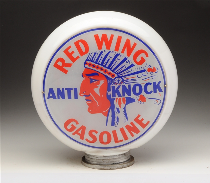 RARE RED WING ANTI-KNOCK GASOLINE W/ INDIAN GRAPHICS 13-1/2" GLOBE LENSES.