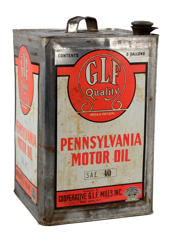 G.L.F. QUALITY MOTOR OIL FIVE GALLON CAN.