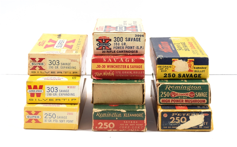 LOT OF 10: BOXES OF SAVAGE MODEL 1899 AMMUNITION.
